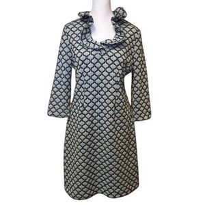 Tyler Boe Ruffle Neck Dress Blue Geometric Print 3/4‎ Sleeve Career Size Medium